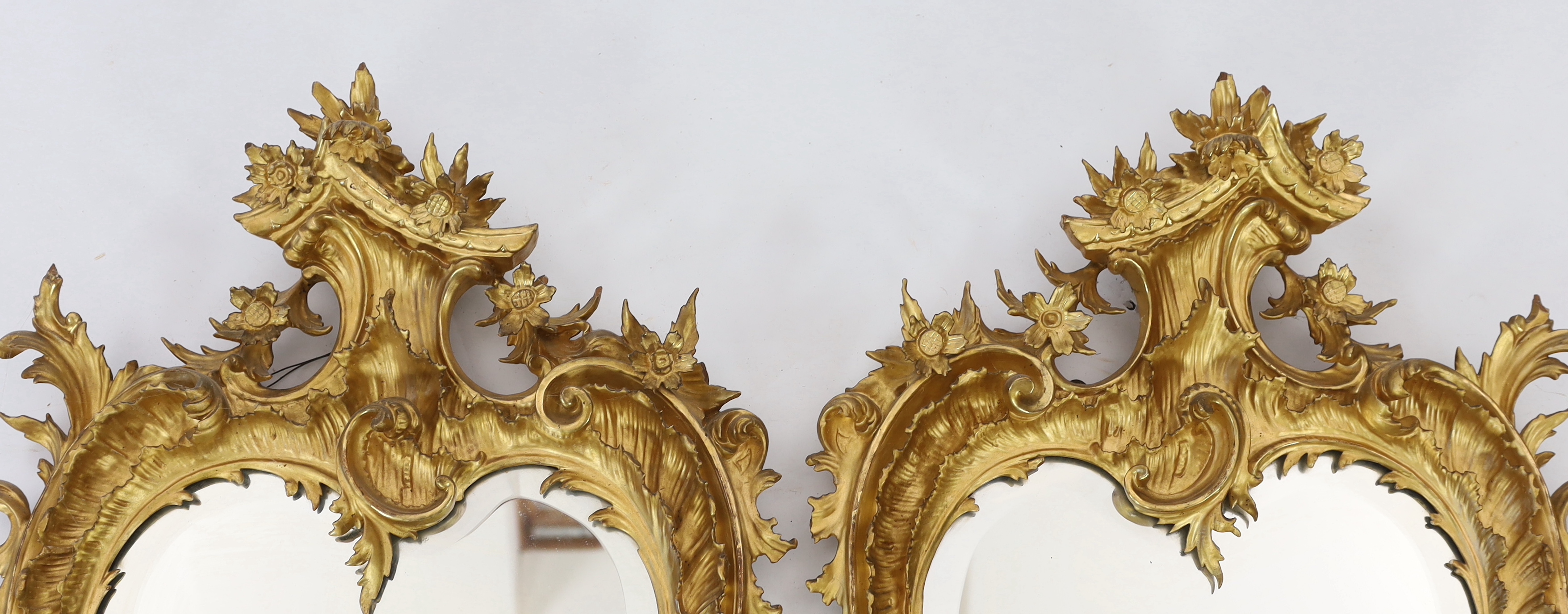 A pair of 19th century carved giltwood wall mirrors in the Rococo style, width 57cm, height 96cm